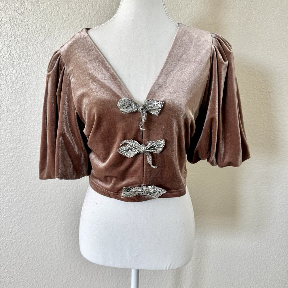 MABLE Velvet Rhinestone Bow Crop Top Medium Mauve Puff Sleeve Coquette Party
